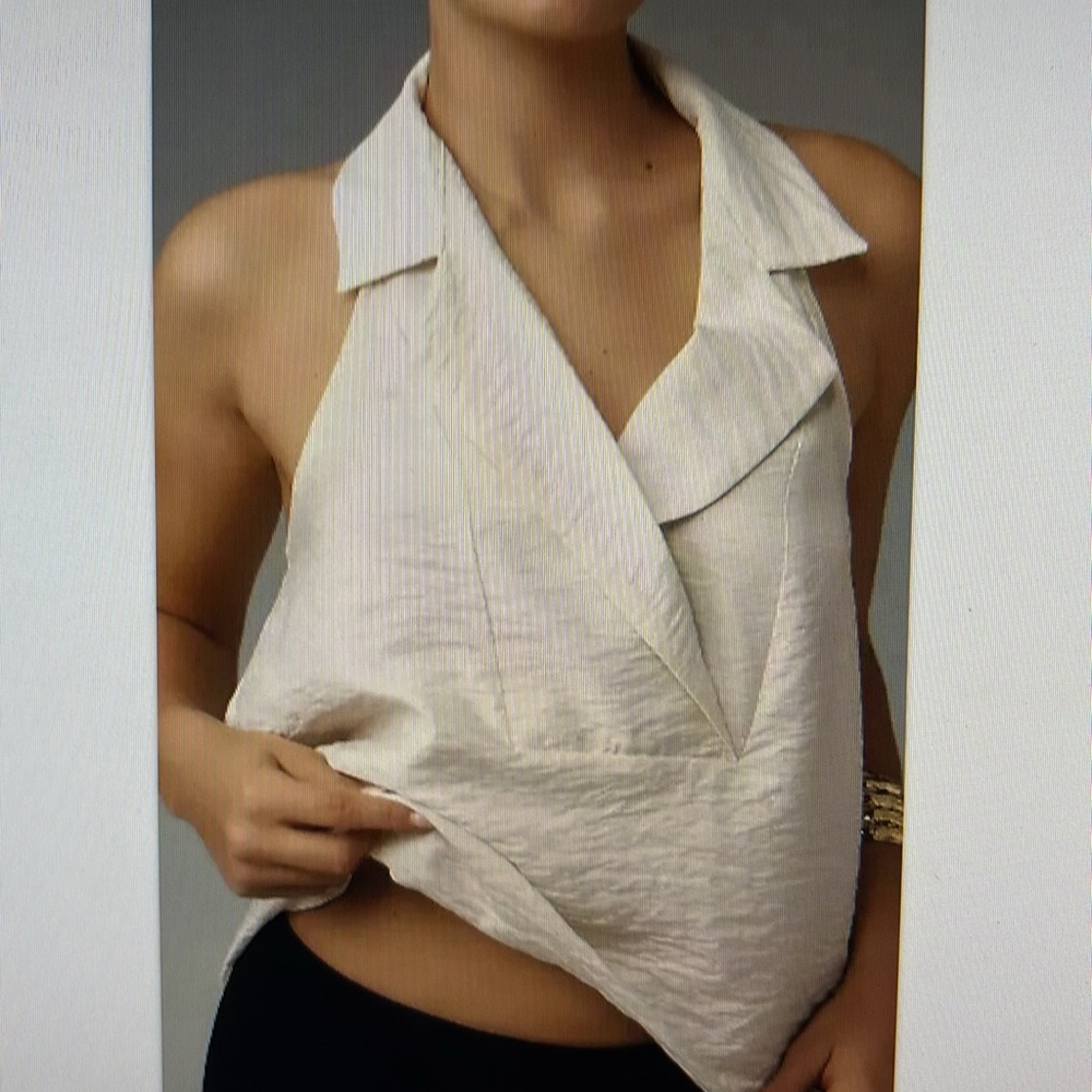 Anthropologie DYLON Ivory Sleeveless Wide Placket Halter Top M Ivory White Night